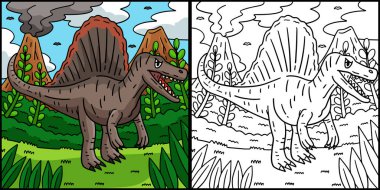 Bu renkli sayfa bir dinozor Spinosaurus 'u gösteriyor. Bu illüstrasyonun bir tarafı renkli ve çocuklar için bir ilham kaynağı..