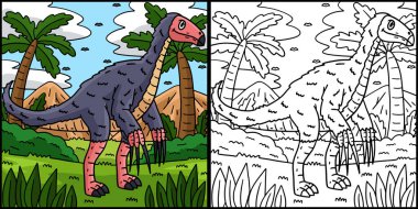 This coloring page shows a Dinosaur Therizinosaurus. One side of this illustration is colored and serves as an inspiration for children. clipart