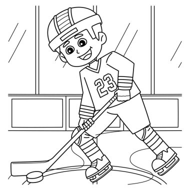 A cute and funny coloring page of a Ice Hockey Boy Player Dribbling. Provides hours of coloring fun for children. To color, this page is very easy. Suitable for little kids and toddlers. clipart