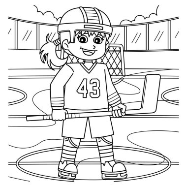 A cute and funny coloring page of a Ice Hockey Girl Player at the Center Line. Provides hours of coloring fun for children. To color, this page is very easy. Suitable for little kids and toddlers. clipart