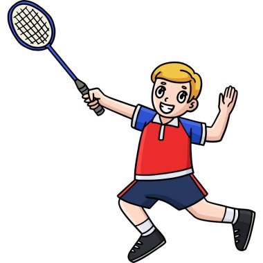 Bu karikatür klipte bir Badminton oyuncusunun raket resimleriyle zıpladığını gösteriyor..