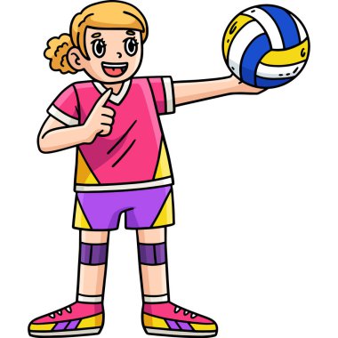 Bu karikatür, kadın bir voleybolcuyu, elinde top resmi tutarken gösteriyor.. 