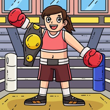 Bu karikatür klibinde bir Boks Kadın Boksörü Kolunu Kaldıran Zafer illüstrasyonunu gösteriyor.