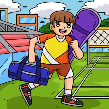 Bu karikatür parçası Badminton Player Raket ve Sports Bag illüstrasyonunu gösteriyor.