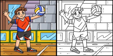 Bu boyama sayfası topa hizmet eden bir voleybol oyuncusunu gösteriyor. Bu illüstrasyonun bir tarafı renkli ve çocuklar için bir ilham kaynağı..