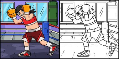 Bu renklendirme sayfası Boks Dişi Boksör Bloğu 'nu gösteriyor. Bu illüstrasyonun bir tarafı renkli ve çocuklar için bir ilham kaynağı.. 