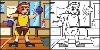 Bu boyama sayfası Koruyucu Vitesli Boks Kadın Boksörü 'nü gösteriyor. Bu illüstrasyonun bir tarafı renkli ve çocuklar için bir ilham kaynağı.. 