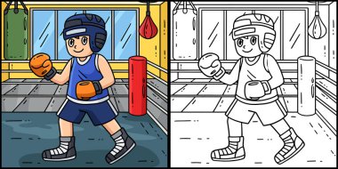 Bu boyama sayfasında Koruyucu Vitesli bir Boks Boksörü var. Bu illüstrasyonun bir tarafı renkli ve çocuklar için bir ilham kaynağı.. 