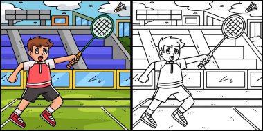 Bu boyama sayfasında Badminton oyuncusu Shuttlecock 'a vuruyor. Bu illüstrasyonun bir tarafı renkli ve çocuklar için bir ilham kaynağı..