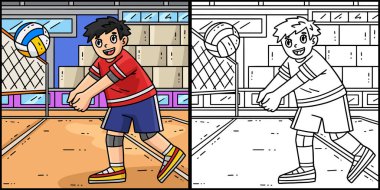 Bu boyama sayfası bir voleybol oyuncusunun topu almaya hazır olduğunu gösteriyor. Bu illüstrasyonun bir tarafı renkli ve çocuklar için bir ilham kaynağı..