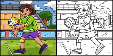 Bu boyama sayfasında voleybol oynayan kadın top fırlatışı var. Bu illüstrasyonun bir tarafı renkli ve çocuklar için bir ilham kaynağı..