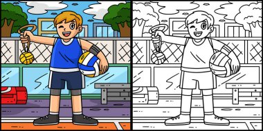 Bu boyama sayfası, Top ve Madalyalı bir voleybol oyuncusunu gösteriyor. Bu illüstrasyonun bir tarafı renkli ve çocuklar için bir ilham kaynağı..