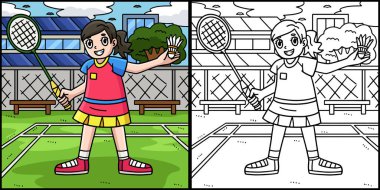 Bu renkli sayfa Badminton Player Raket ve Shuttlecock 'u gösteriyor. Bu illüstrasyonun bir tarafı renkli ve çocuklar için bir ilham kaynağı..