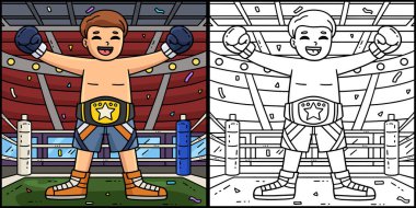 This coloring page shows a Boxing Boxer with a Champion Belt. One side of this illustration is colored and serves as an inspiration for children.  clipart