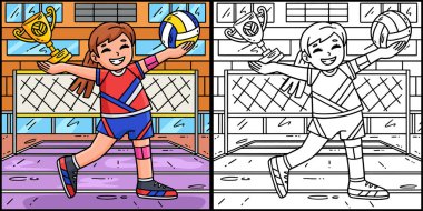 Bu renklendirme sayfası bir Voleybol Kadın Oyuncusunu gösteriyor. Bu illüstrasyonun bir tarafı renkli ve çocuklar için bir ilham kaynağı..