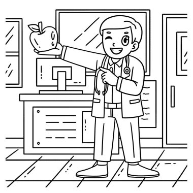 Apple 'lı bir doktorun şirin ve komik renkli sayfası. Çocuklar için saatlerce boyama eğlencesi sağlıyor. Renklendirmek için, bu sayfa çok kolaydır. Küçük çocuklar ve yeni yürümeye başlayanlar için uygun..