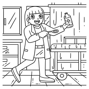 Kaşığa ilaç döken kadın bir doktorun sevimli ve komik renkli sayfası. Çocuklar için saatlerce boyama eğlencesi sağlıyor. Renklendirmek için, bu sayfa çok kolaydır. Küçük çocuklar ve yeni yürümeye başlayanlar için uygun..