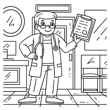 Doktor 'un hoş ve komik renkli bir sayfası. Elinde bir pano ve stetoskop var. Çocuklar için saatlerce boyama eğlencesi sağlıyor. Renklendirmek için, bu sayfa çok kolaydır. Küçük çocuklar ve yeni yürümeye başlayanlar için uygun..