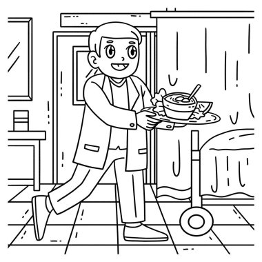 Hasta menüsü taşıyan bir doktorun şirin ve komik renkli sayfası. Çocuklar için saatlerce boyama eğlencesi sağlıyor. Renklendirmek için, bu sayfa çok kolaydır. Küçük çocuklar ve yeni yürümeye başlayanlar için uygun..