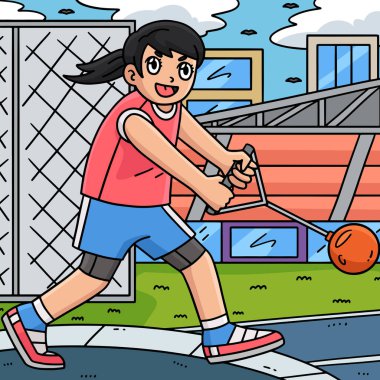 Bu karikatür, çekiç atmada bir Track and Field kadınını gösteriyor..