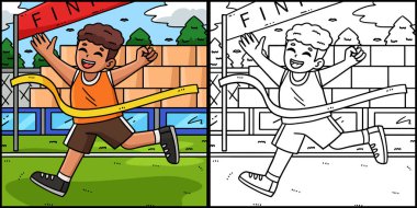 Bu renkli sayfa bir Koşu ve Alan Sporcusu Kazanan Maratonu 'nu gösteriyor. Bu illüstrasyonun bir tarafı renkli ve çocuklar için bir ilham kaynağı..