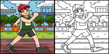 Bu renklendirme sayfası bir Atletizm Yarışı Yürüyüşünü gösteriyor. Bu illüstrasyonun bir tarafı renkli ve çocuklar için bir ilham kaynağı..