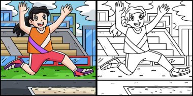 Bu renkli sayfa uzun atlama yapan bir kadın sporcuyu gösteriyor. Bu illüstrasyonun bir tarafı renkli ve çocuklar için bir ilham kaynağı..