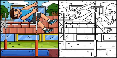 Bu renklendirme sayfası bir atletizm sporcusu yüksek atlayışını gösteriyor. Bu illüstrasyonun bir tarafı renkli ve çocuklar için bir ilham kaynağı..