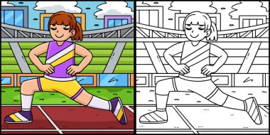 Bu renklendirme sayfası bir bayan sporcunun esnemesini gösteriyor. Bu illüstrasyonun bir tarafı renkli ve çocuklar için bir ilham kaynağı..