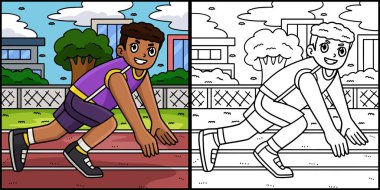 Bu renklendirme sayfası koşmaya hazır bir atleti gösteriyor. Bu illüstrasyonun bir tarafı renkli ve çocuklar için bir ilham kaynağı..