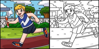 This coloring page shows a Track and Field Athlete Running with a Relay Baton. One side of this illustration is colored and serves as an inspiration for children. clipart