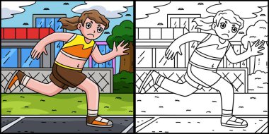 Bu renklendirme sayfası Koşu yapan bir kadın sporcuyu gösteriyor. Bu illüstrasyonun bir tarafı renkli ve çocuklar için bir ilham kaynağı..