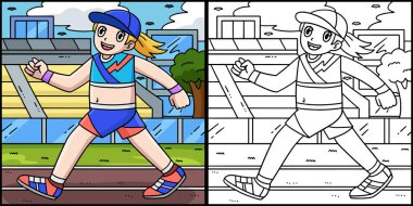 Bu renklendirme sayfası bir Koşu ve Saha Kadın Yarışı Yürüyüşünü gösteriyor. Bu illüstrasyonun bir tarafı renkli ve çocuklar için bir ilham kaynağı..