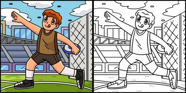 Bu renklendirme sayfası Diskli bir Koşu ve Alan Sporcusunu gösteriyor. Bu illüstrasyonun bir tarafı renkli ve çocuklar için bir ilham kaynağı..