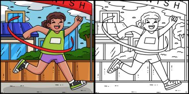 Bu renklendirme sayfası bitiş çizgisi olan bir Parça ve Alan Kadınını gösterir. Bu illüstrasyonun bir tarafı renkli ve çocuklar için bir ilham kaynağı..