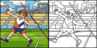 Bu renklendirme sayfasında bir atlet ve cirit var. Bu illüstrasyonun bir tarafı renkli ve çocuklar için bir ilham kaynağı..