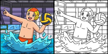 Bu boyama sayfası topu atmaya hazır bir su topu oyuncusunu gösteriyor. Bu illüstrasyonun bir tarafı renkli ve çocuklar için bir ilham kaynağı..