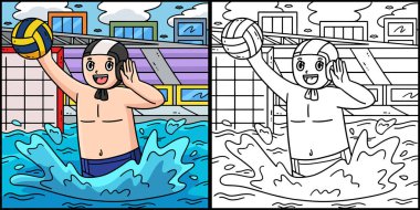 Bu renklendirme sayfası bir Su Polosu oyuncusunun takım arkadaşına seslenişini gösteriyor. Bu illüstrasyonun bir tarafı renkli ve çocuklar için bir ilham kaynağı..