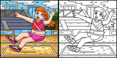 Bu renklendirme sayfası Kum Parkı 'na iniş yapan bir kadın sporcuyu gösteriyor. Bu illüstrasyonun bir tarafı renkli ve çocuklar için bir ilham kaynağı..