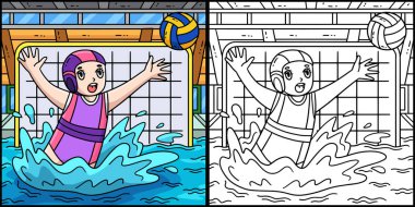 Bu boyama sayfası Su Polosu Kalecisi 'nin topu engellediğini gösteriyor. Bu illüstrasyonun bir tarafı renkli ve çocuklar için bir ilham kaynağı..