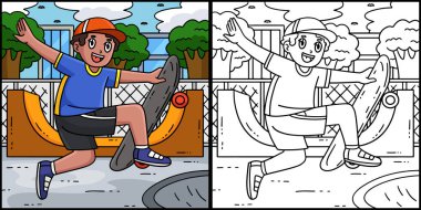 Bu boyama sayfasında Airwalk Trick 'li bir kaykaycı çocuk var. Bu illüstrasyonun bir tarafı renkli ve çocuklar için bir ilham kaynağı..