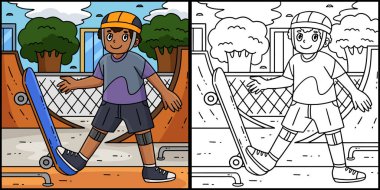Bu renklendirme sayfasında bir kaykaycı çocuk var. Bu illüstrasyonun bir tarafı renkli ve çocuklar için bir ilham kaynağı..