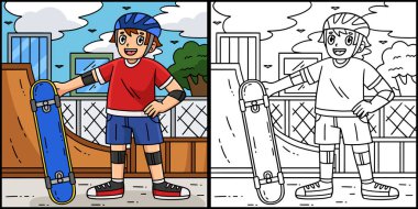 Bu renkli sayfa kaykaylı bir çocuğu gösteriyor. Bu illüstrasyonun bir tarafı renkli ve çocuklar için bir ilham kaynağı..