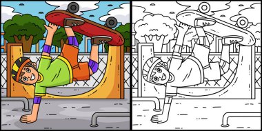 Bu boyama sayfasında El Bitkisi Yapan Kaykaycı Çocuk var. Bu illüstrasyonun bir tarafı renkli ve çocuklar için bir ilham kaynağı..