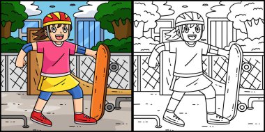 Bu boyama sayfasında bir kaykaycı kızın oynadığı görülüyor. Bu illüstrasyonun bir tarafı renkli ve çocuklar için bir ilham kaynağı..