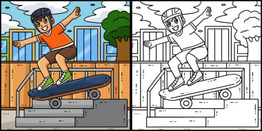 Bu renkli sayfada merdivenlerden atlayan bir kaykay çocuğu var. Bu illüstrasyonun bir tarafı renkli ve çocuklar için bir ilham kaynağı..