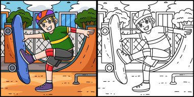 Bu boyama sayfasında kaykay yapan bir çocuk var. Bu illüstrasyonun bir tarafı renkli ve çocuklar için bir ilham kaynağı..