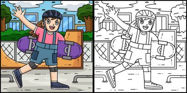 Bu renkli sayfada kaykay tutan bir kız var. Bu illüstrasyonun bir tarafı renkli ve çocuklar için bir ilham kaynağı..