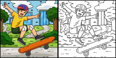 Bu boyama sayfasında Ollie taklidi yapan bir kaykaycı çocuk var. Bu illüstrasyonun bir tarafı renkli ve çocuklar için bir ilham kaynağı..