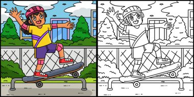 Bu renklendirme sayfasında bir kaykayın üzerinde öğütülen çocuk resmi var. Bu illüstrasyonun bir tarafı renkli ve çocuklar için bir ilham kaynağı..